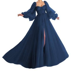 Navy Puffy Sleeve Sweetheart Tulle Gown with Split